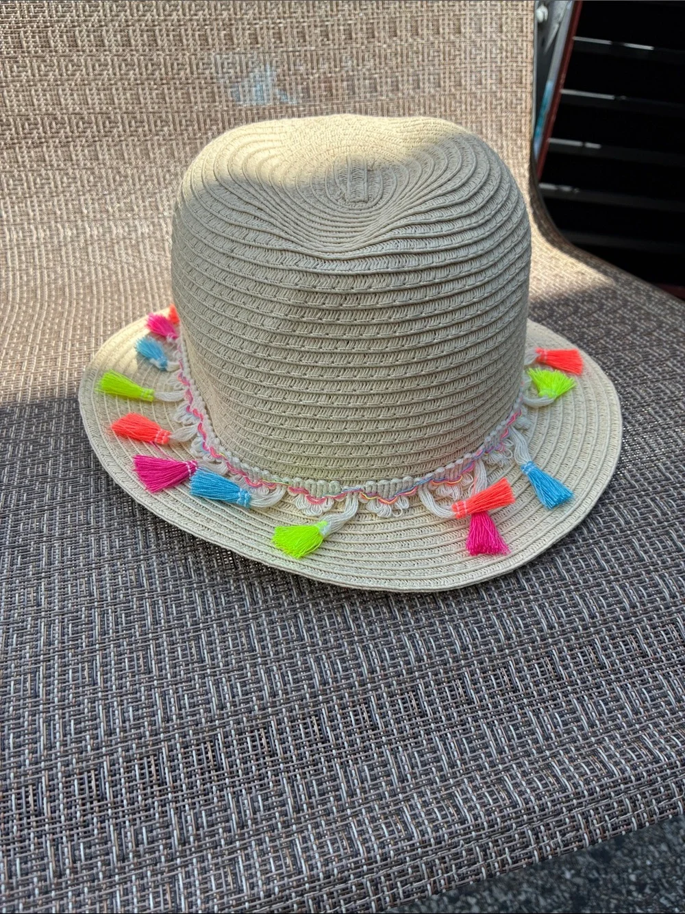 Justice Girls Beige Straw Hat with Neon Tassels